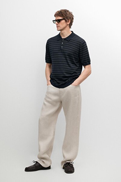 Massimo Dutti Pamuklu çizgili detaylı triko polo yaka t-shirt