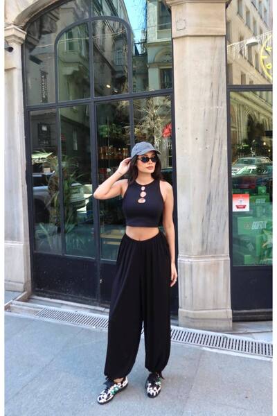 İLKCET MODA Sandy Kumaş Siyah Bağcıklı Şalvar Pantolon