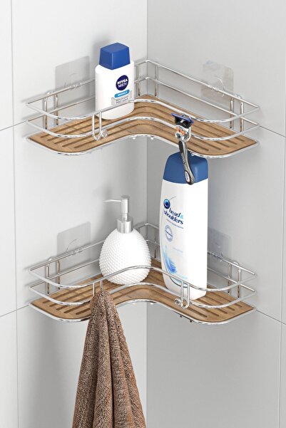 Tekno-tel Teknotel Yapışkanlı Kancalı 2 Adet Banyo Köşe Rafı Şampuanlık Krom ...
