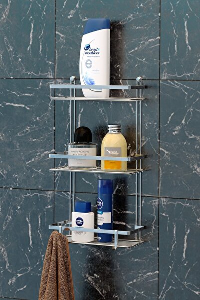 Teknotel Üç Katlı Lamalı Banyo Rafı Şampuanlık Kancalı Krom ES065H