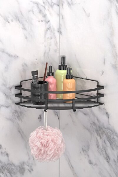 Teknotel Γωνιακό ράφι μπάνιου με αυτοκόλλητους γάντζους, θήκη σαμπουάν, μαύρο...