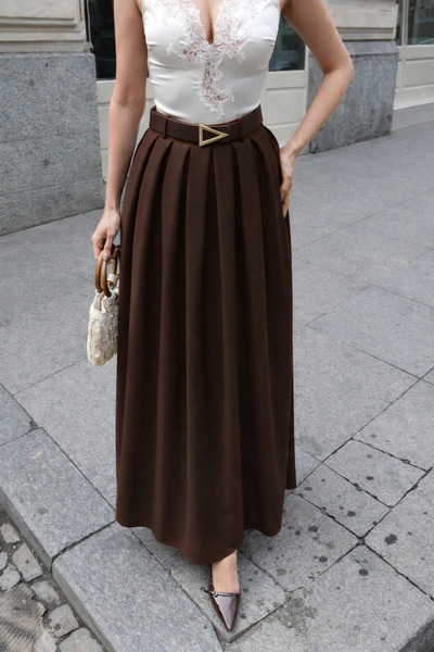 İLKCET MODA Καφέ υφασμάτινη γυναικεία φούστα Premium από πολυβισκόνη με ζώνη