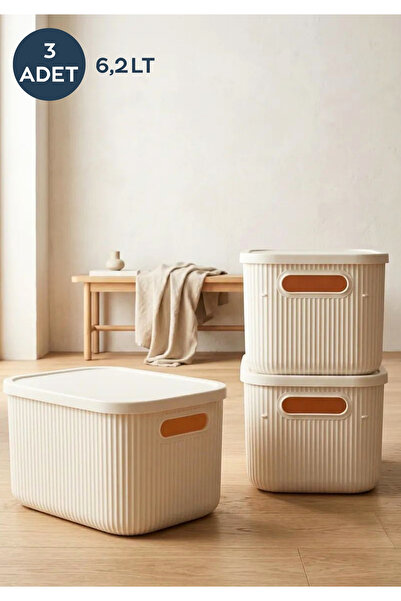 HOMİNG 3 Adet Organizer Düzenleyici Kutu Ekru Kapaklı Kutu 6.2lt