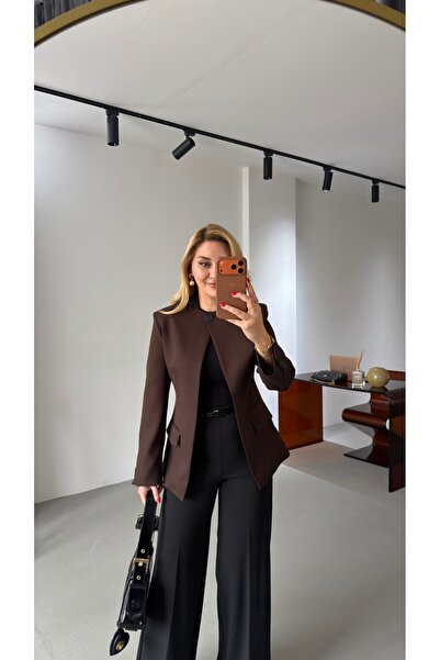 Sezgi Tekin Καφέ σακάκι με γιακά και ένα κουμπί