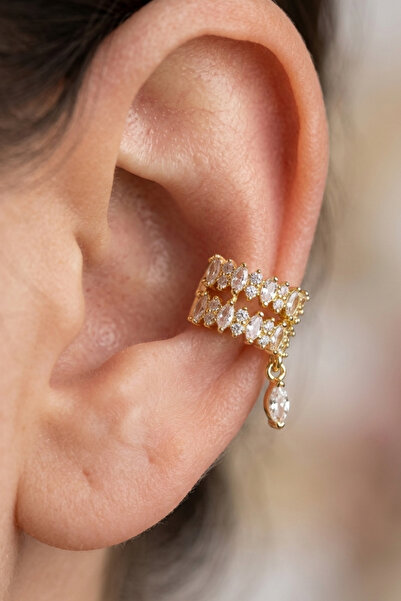 Elika Silver Kadın Gold Baget Taşlı Sallantılı Kıkırdak Küpe / Ear Cuff
