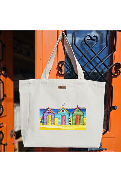 Pikkuva Colorful Beach Cabins Printed Natural Canvas Tote Bag with White Velc...