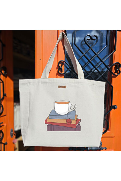 Pikkuva Hot Tea and Books Printed Natural Canvas Tote Bag with White Velcro S...