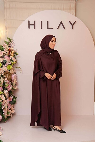 Hilay Lora Asimetrik Şal Detaylı Dökümlü Elbise MÜRDÜM