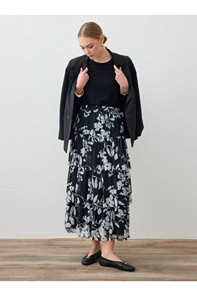 Refka Φούστα με λουλουδάτο σχέδιο με ελαστική μέση - Μαύρο - λευκό -