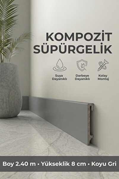 AGK Espumo Kompozit Süpürgelik 8 cm Koyu Gri | Suya Dayanıklı Parke Duvar Süp...