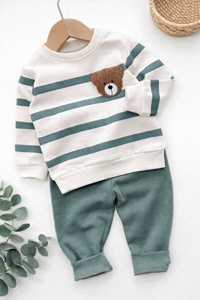Bear Embroidered Striped Baby 2pcs Set – Sweat and Bottom, Daily Comfort