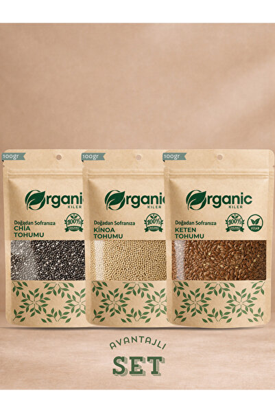 Organic Kiler 3'Lü Set Chia Tohumu , Keten Tohumu , Kinoa Tohumu Organik & Ka...