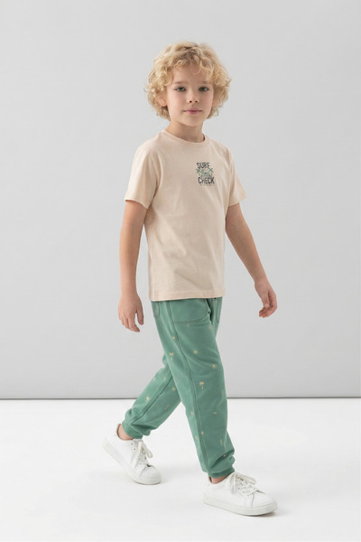 Black One Crew Neck Print Detailed Patterned Boys' Tracksuit Set