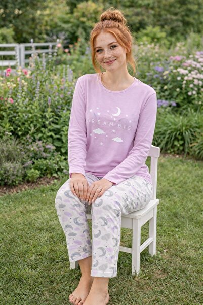 rindahomewear Γυναικείο σετ πιτζάμες με μακρυμάνικο μπλουζάκι με στάμπα Cloud...