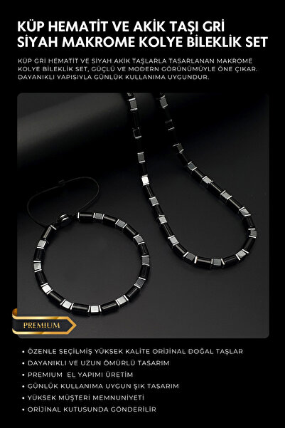 Seven Art Jewelry Doğal Taş Blieklik & Kolye Set, Siyah Hematit ve Akik Taşı ...