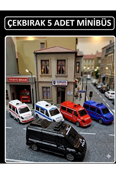 ALYTOYS Araç Set 5 Adet Çek Bırak 112 Acil Minibüs Set Ambulans Itfaiye Polis Jandarma Emniyet 11x25cm