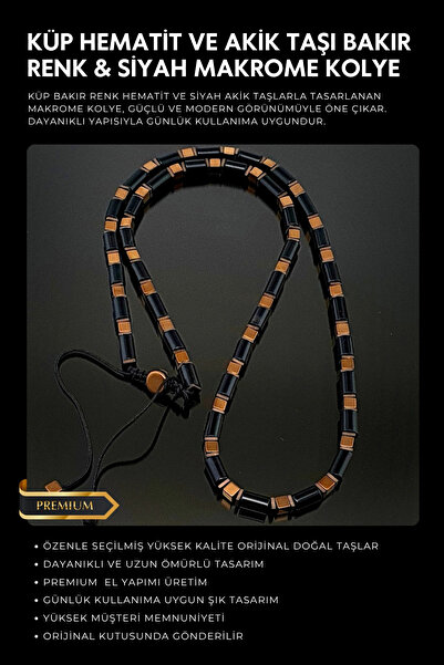 Seven Art Jewelry Doğal Taş Kolye, Bakır Renk Hematit Küp ve Siyah Akik Kolye