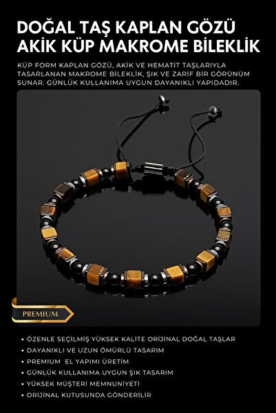Seven Art Jewelry Doğal Taş Bileklik, Küp Kaplan Gözü, Akik Taşı ve Hematit T...