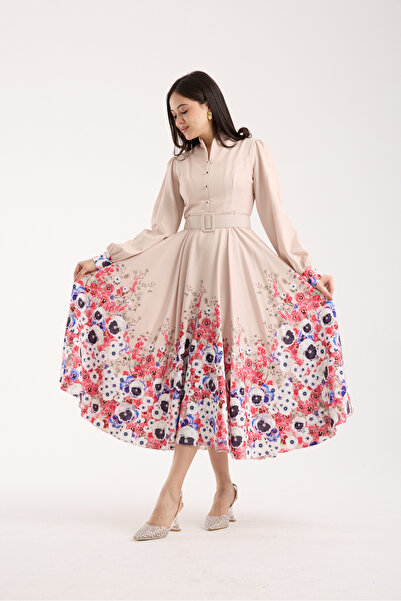 FRIST STYLE Elegant Beige Turkish Dress with Rose Edge Detail
