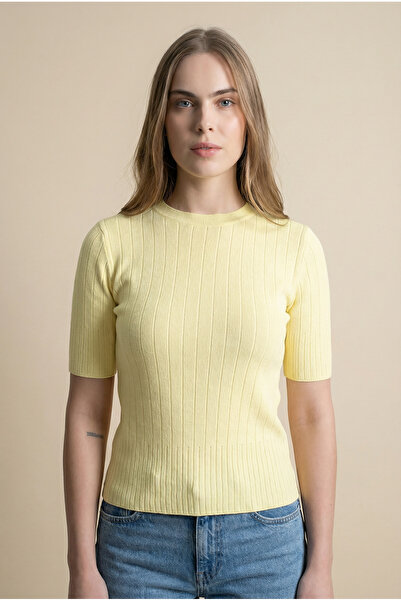 Shophia Βασική κοντομάνικη κίτρινη γυναικεία πλεκτή μπλούζα