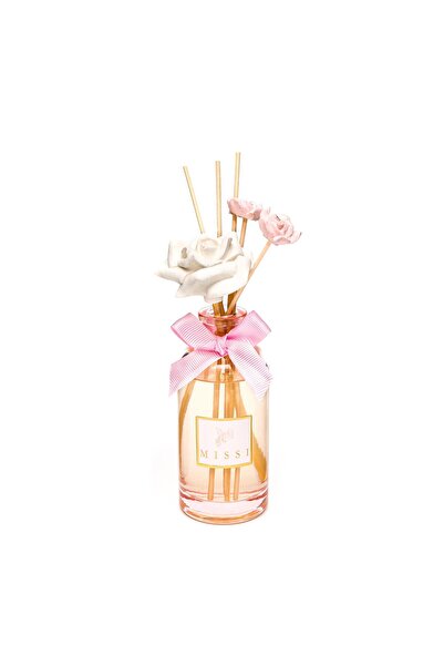 Missi 180 ml Pembe Cam Şişe Çiçek Seramik Taş Bambu Çubuklu Garden Rose-Pudra...