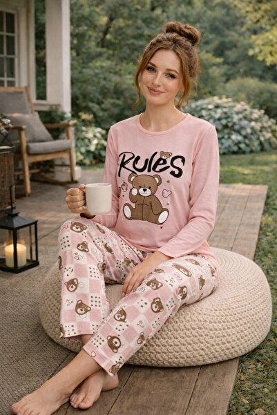 rindahomewear Γυναικείο Σετ Πιτζάμες με Μακρυμάνικο Ζέρσεϊ με Στάμπα Αρκουδάκι