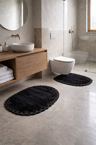 MK HOMETEKS Kırçiçeği Model Siyah  Banyo Paspas Takımı 2’li
