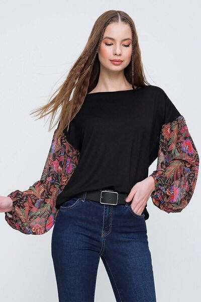 Pasaklı Giyim Γυναικεία μαύρη μπλούζα με μανίκια σιφόν μακρυμάνικη Διαφανές Y...