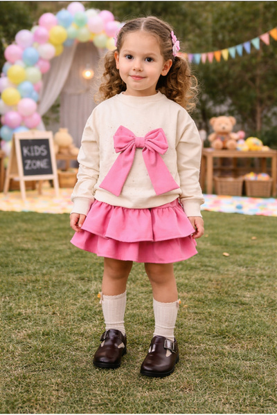 LNMC Girl's Pink Bow-Knot Skirted Top and Bottom Set (Please Note the Product...