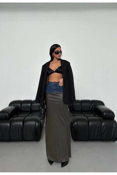 HerTon Διπλής υφής τζιν δερμάτινη μίξη μάξι φούστα - Δερμάτινη φούστα με λεπτ...