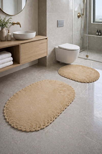 MK HOMETEKS Mk-hometeks Kırçiçeği Oval Büyük Bej 2 Li Banyo Paspas Takımı
