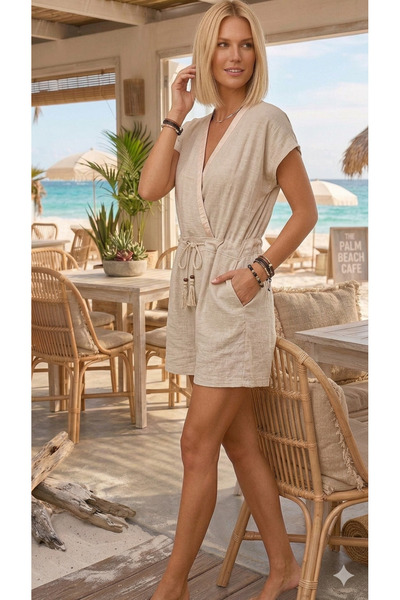 Pasaklı Giyim Γυναικεία μπεζ κοντομάνικη φόρμα με διακοσμητικά κορδόνια και υ...