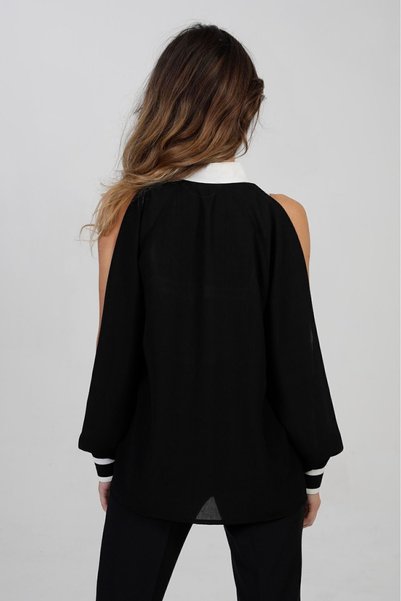 Pasaklı Giyim Women's Black Sleeve Slit White Scarf Quen Crepe Shirt-2450143