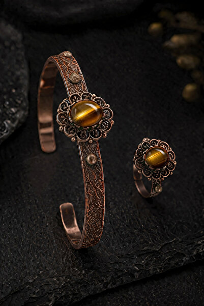 İyyaKee Kadın Bakır Bileklik Yüzük Set Doğal Siyah Oniks Taşlı Otantik Model Set