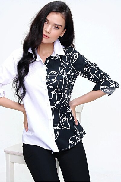 Pasaklı Giyim Γυναικείο μαύρο και άσπρο πουκάμισο με σιλουέτα προσώπου, μακρυ...