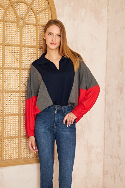 Pasaklı Giyim Γυναικείο φούτερ με λαιμόκοψη πόλο / ελαστικές μανσέτες, χαλαρό...