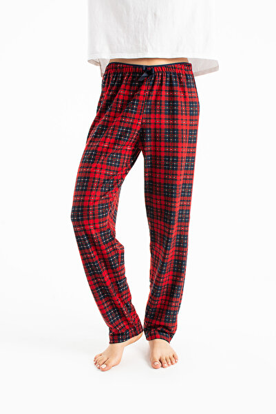 Ecrou Pantaloni de pijama pentru femei, din piele intoarsa, in carouri burgundy