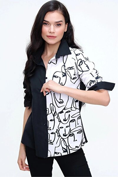 Pasaklı Giyim Γυναικείο μαύρο και άσπρο πουκάμισο με σιλουέτα προσώπου, μακρυ...