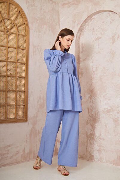 Yıldızistan Women's Baby Blue Seersucker Balloon Sleeve Ruched Tunic / Elasti...