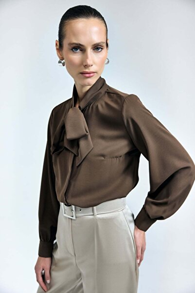 Sateen Tie Collar Plain Shirt - Brown