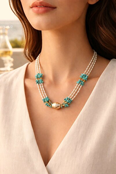 mos&more Çoklu İncili Mavi Boncuklu Elegant Kolye