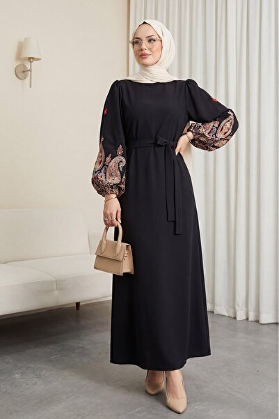 HİJABAYA Rochie creion cu mâneci brodate și dantelă din tul