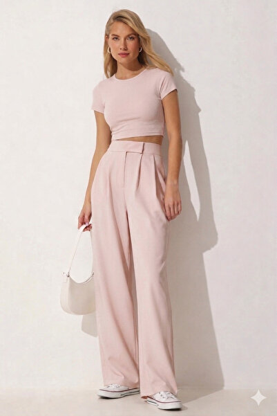 trendalisse Women's Powder Waist Velcro Pleated Wide Leg Palazzo Pants Wide Leg