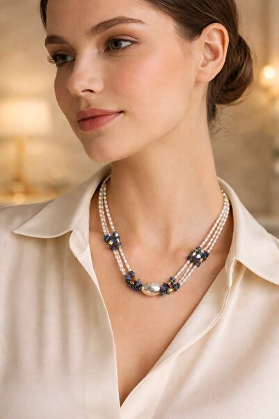 mos&more Çoklu İncili Lacivert Boncuklu Elegant Kolye