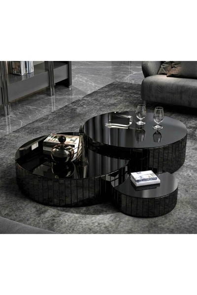 LUXURY VİLLA LUXURY KOMPLE SİYAH CAMLI ORTA SEHPA SETI ÇAP BÜYÜK 85 × 85 KÜÇÜ...