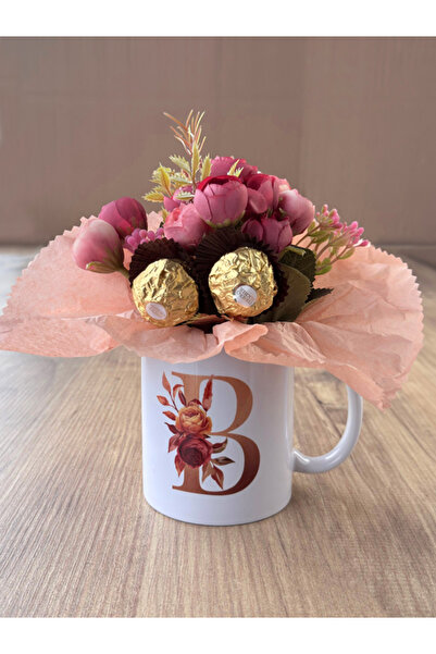 Hepsi Enteresan Mug with Flowers and Chocolate Letters, Gift for Mother, Love...