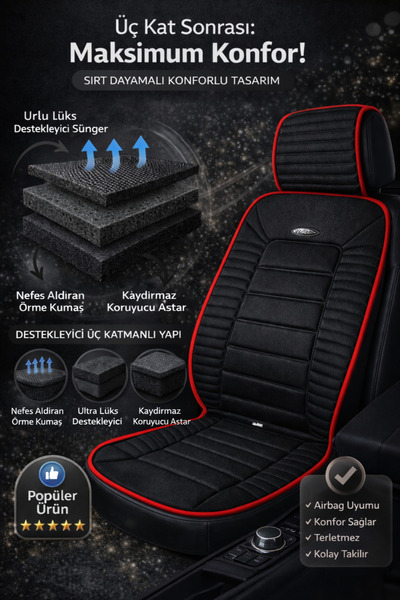 TROBUS Ford Focus Sedan ve HB 2011-2018 Uyumlu Vento 2 Parça Ön Oto Koltuk Minderi Siyah - Kırmızı