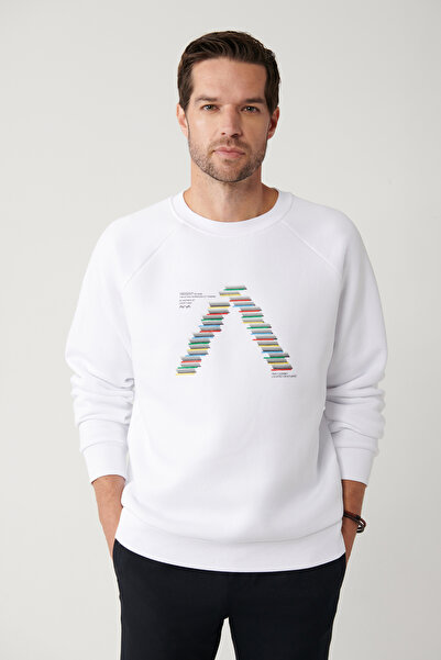 Avva Men's White Crew Neck 3 Thread Raised Sweatshirt A32Y1293
