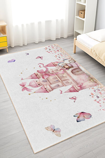 Home Pembe Kale ve Unicorn Desenli Yıkanabilir Kaymaz Taban Çocuk Odası Halısı