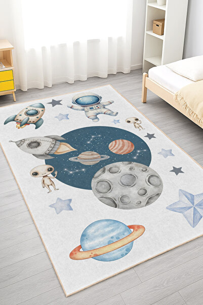 Home Uzay Temalı Roket ve Yıldız Desenli Yıkanabilir Kaymaz Taban Halı